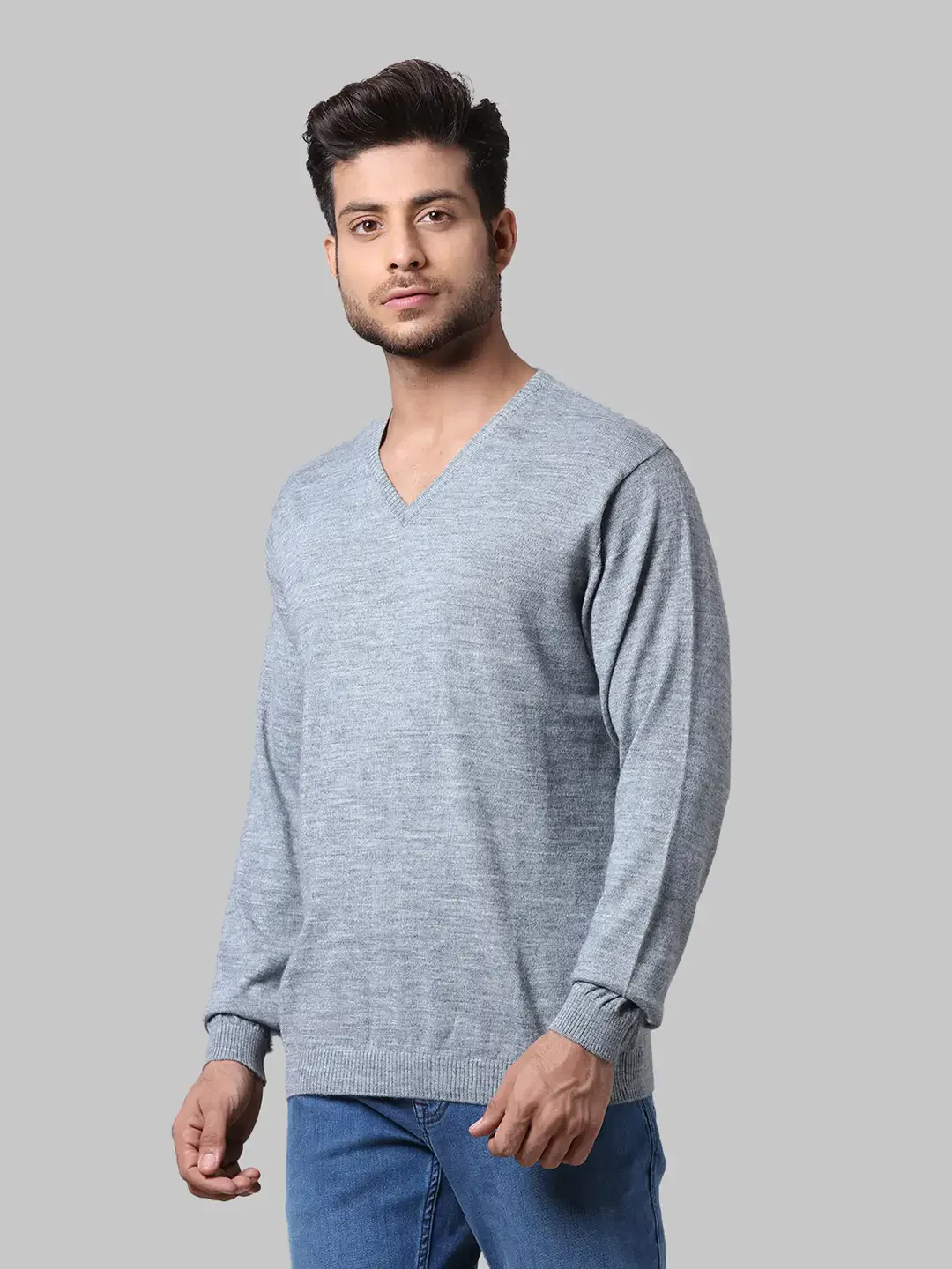 Men Grey Regular Fit Solid Wool Blend Full Sleeve V Neck Collar Sweaters - Image 3