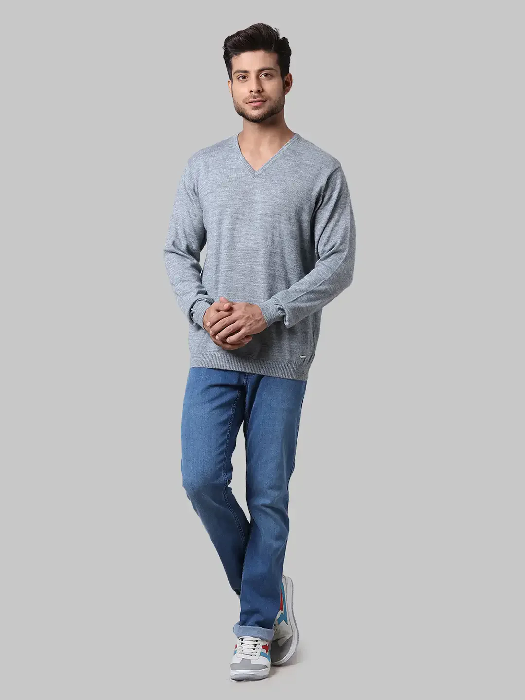 Men Grey Regular Fit Solid Wool Blend Full Sleeve V Neck Collar Sweaters - Image 5