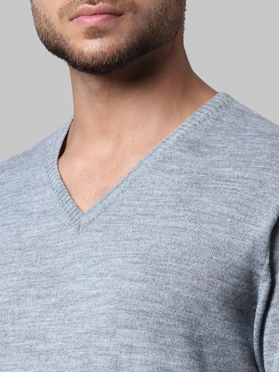 Men Grey Regular Fit Solid Wool Blend Full Sleeve V Neck Collar Sweaters - Image 6