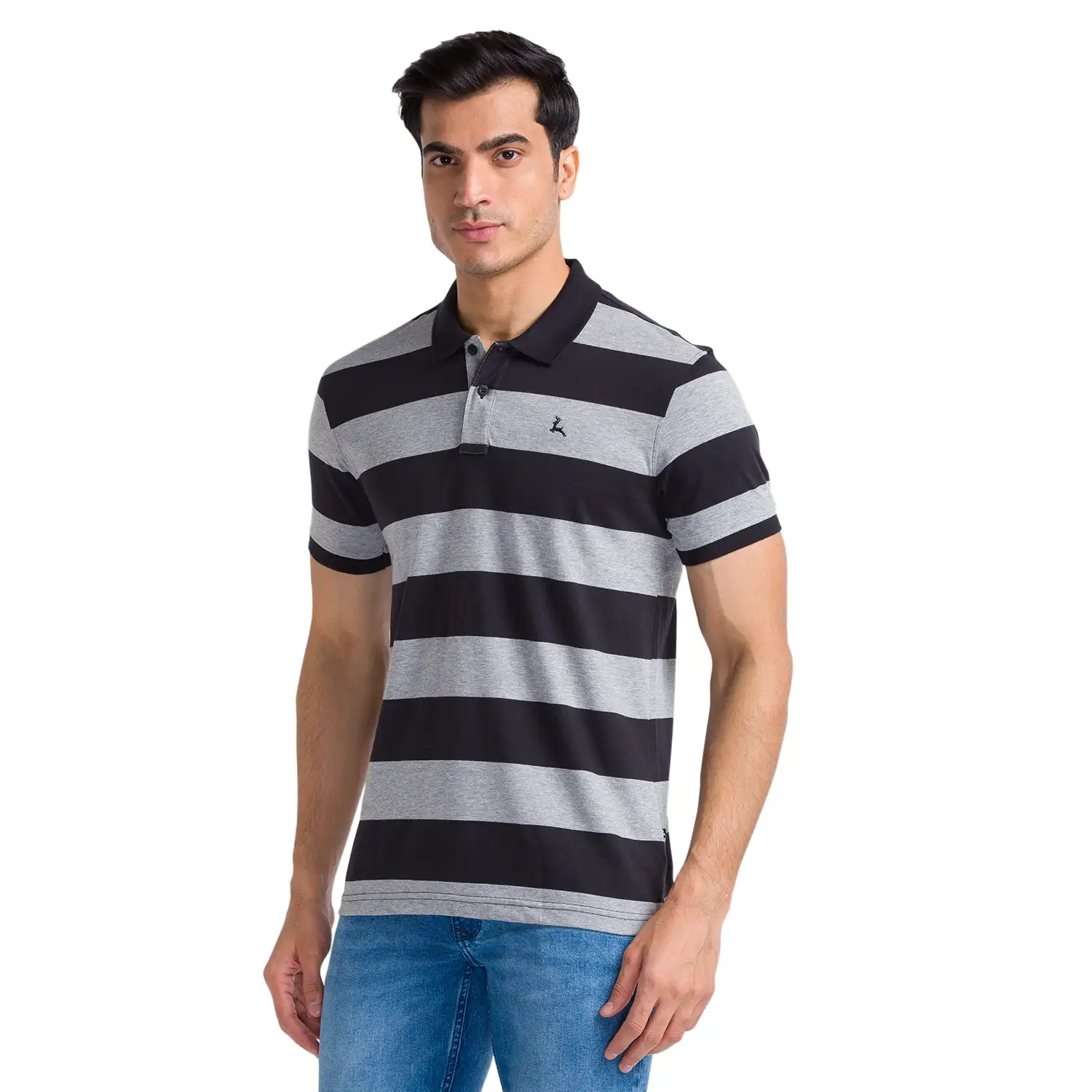 Men Grey Regular Fit Stripe Cotton Round Neck Collar Polo T-Shirt - Image 3