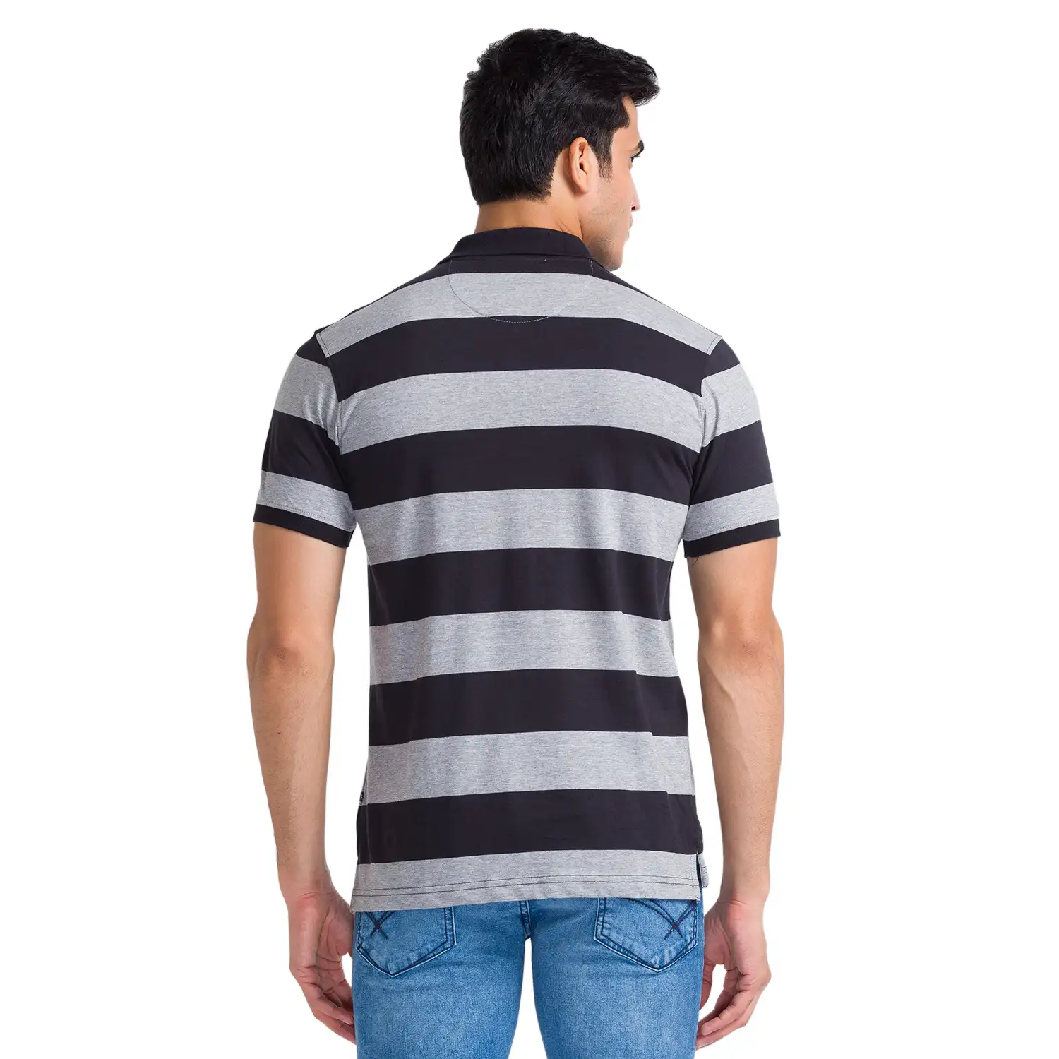 Men Grey Regular Fit Stripe Cotton Round Neck Collar Polo T-Shirt - Image 4