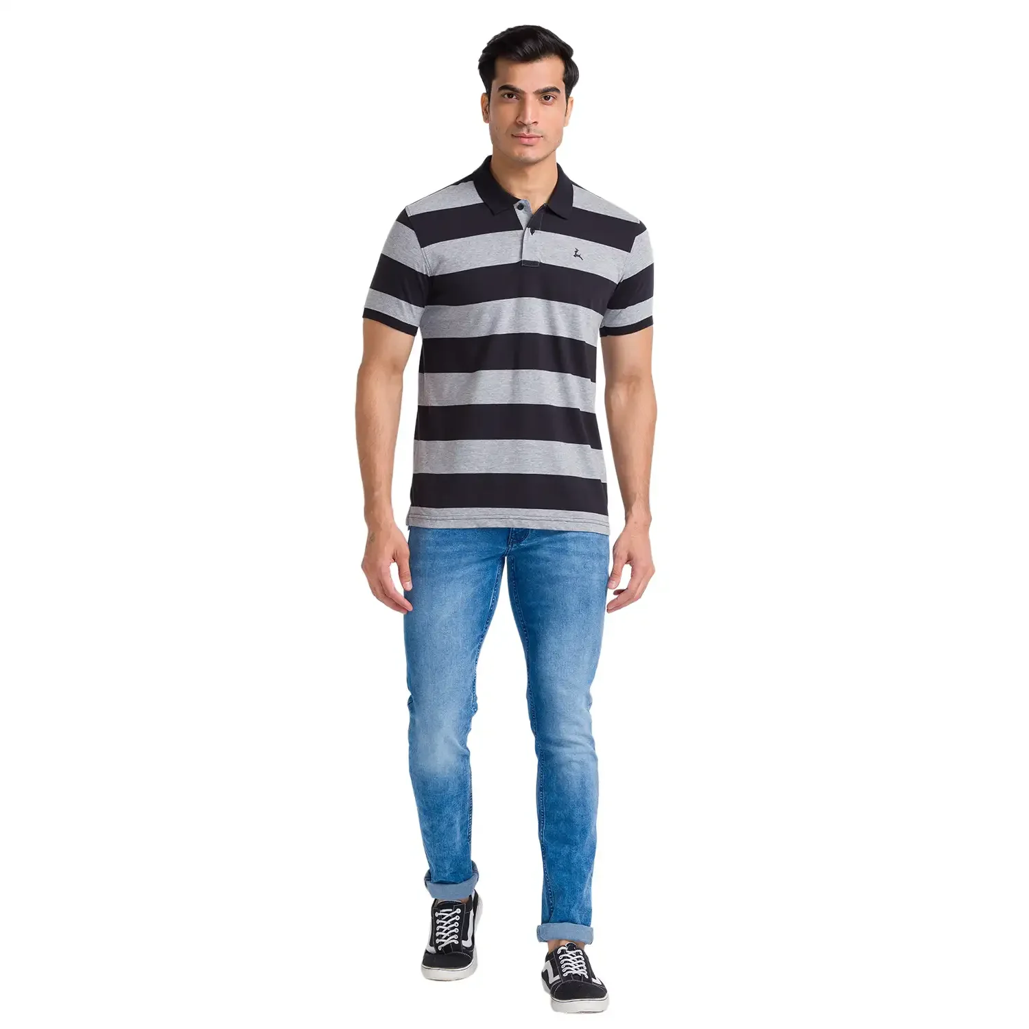 Men Grey Regular Fit Stripe Cotton Round Neck Collar Polo T-Shirt - Image 5