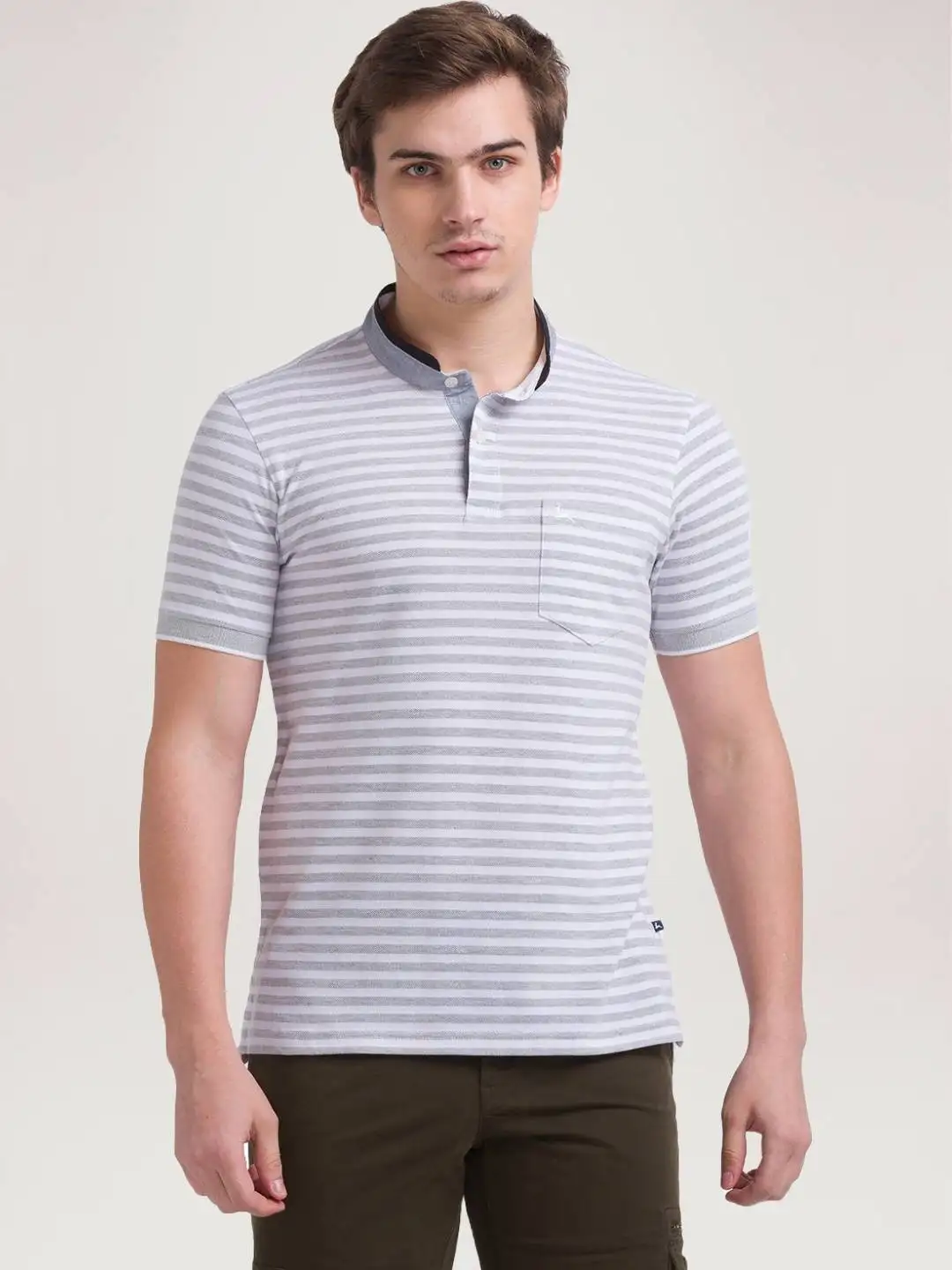 Men Grey Regular Fit Yarn Dyed Cotton Henley Neck Collar T-Shirt