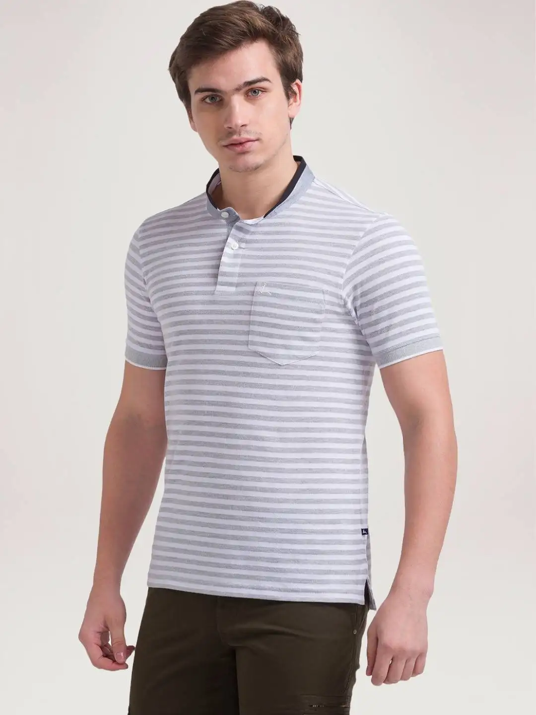 Men Grey Regular Fit Yarn Dyed Cotton Henley Neck Collar T-Shirt - Image 6