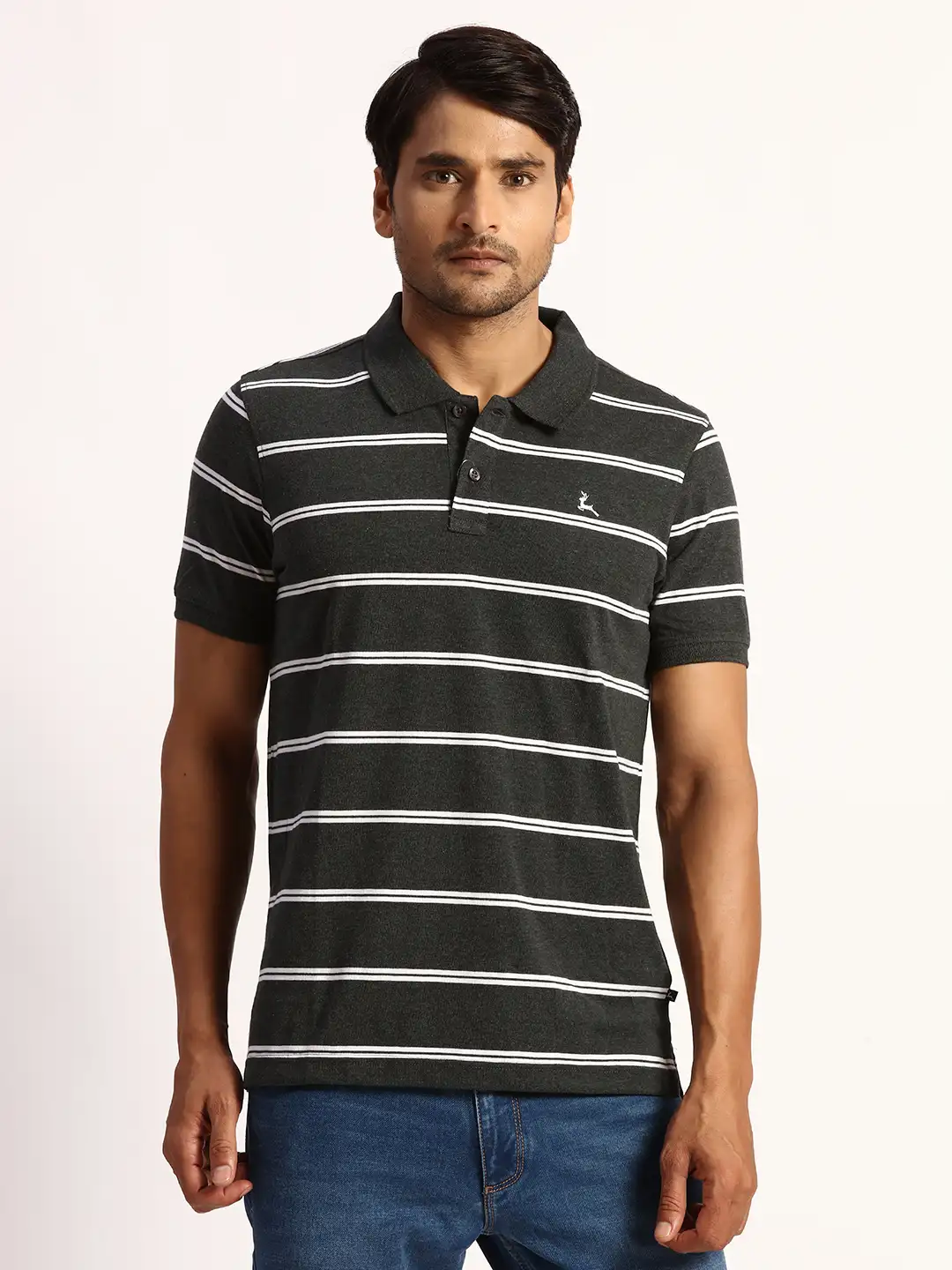 Men Grey Regular Fit Yarn Dyed Cotton Round Neck Collar Polo T-Shirt