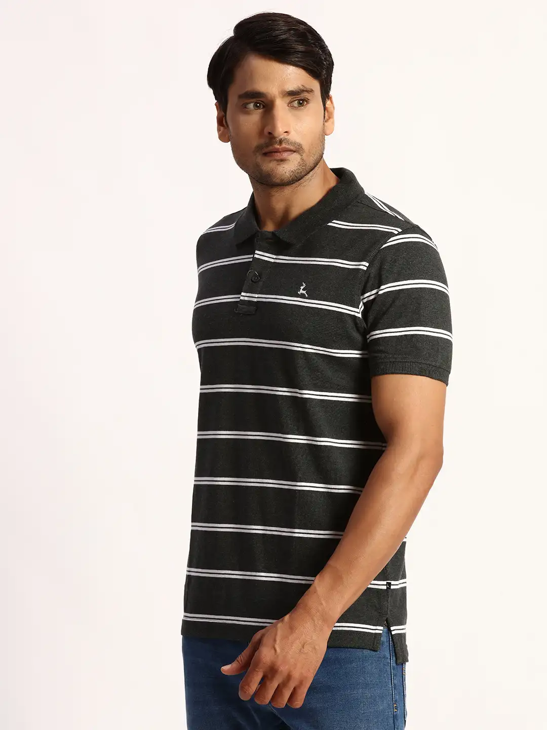 Men Grey Regular Fit Yarn Dyed Cotton Round Neck Collar Polo T-Shirt - Image 3