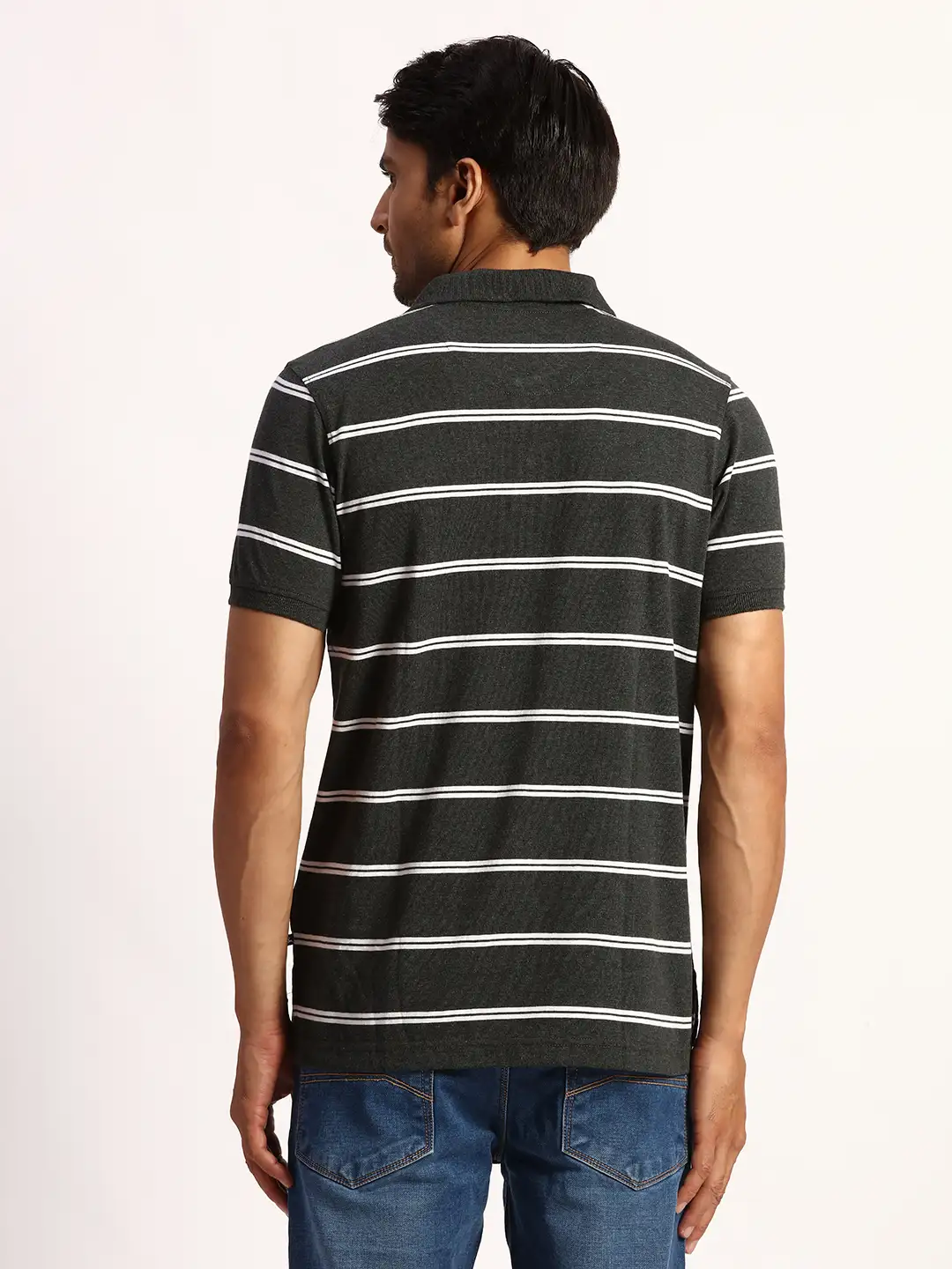 Men Grey Regular Fit Yarn Dyed Cotton Round Neck Collar Polo T-Shirt - Image 4