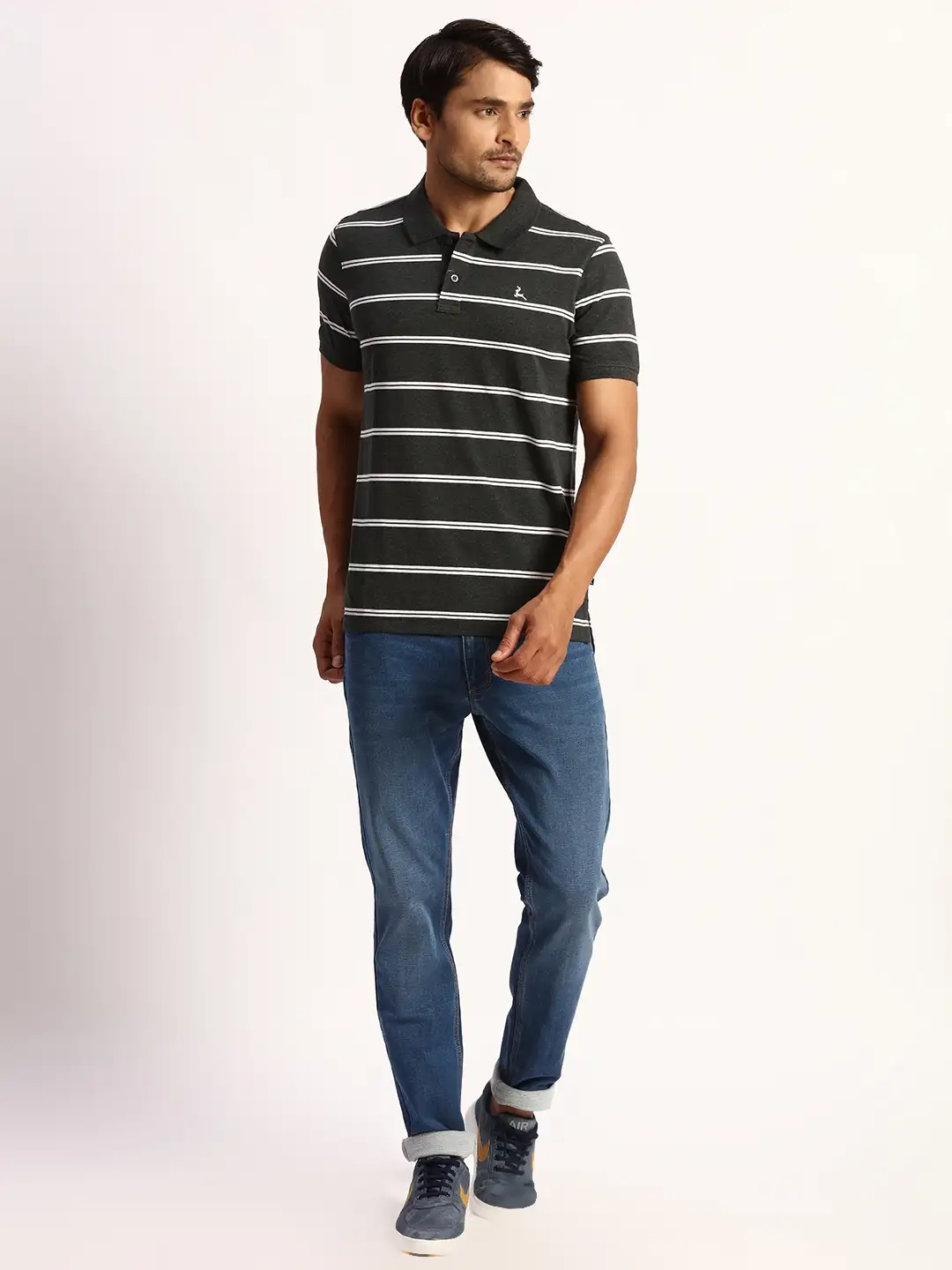 Men Grey Regular Fit Yarn Dyed Cotton Round Neck Collar Polo T-Shirt - Image 5