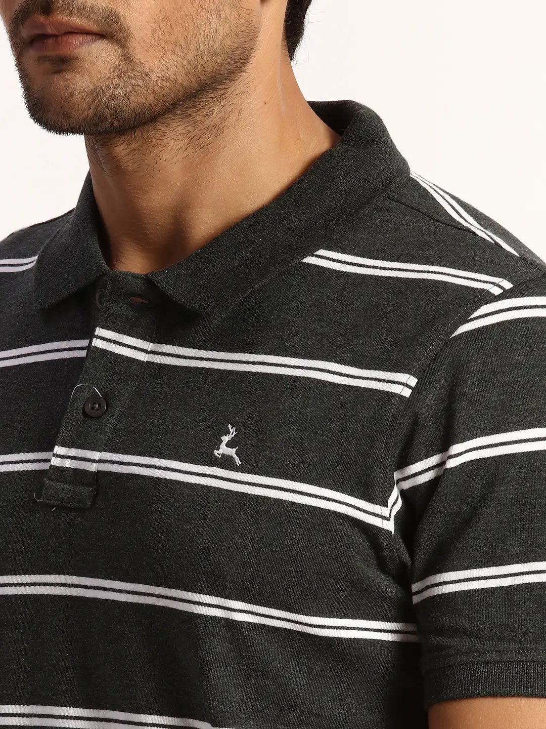 Men Grey Regular Fit Yarn Dyed Cotton Round Neck Collar Polo T-Shirt - Image 6