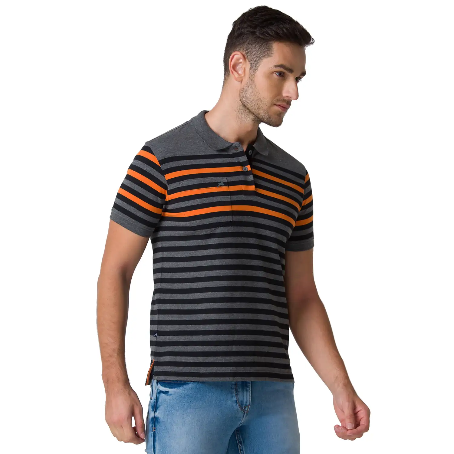 Men Grey Regular Fit Yarn Dyed Cotton Round Neck Collar Polo T-Shirt - Image 2