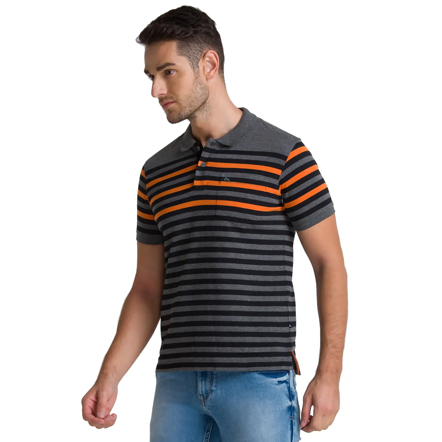 Men Grey Regular Fit Yarn Dyed Cotton Round Neck Collar Polo T-Shirt - Image 3