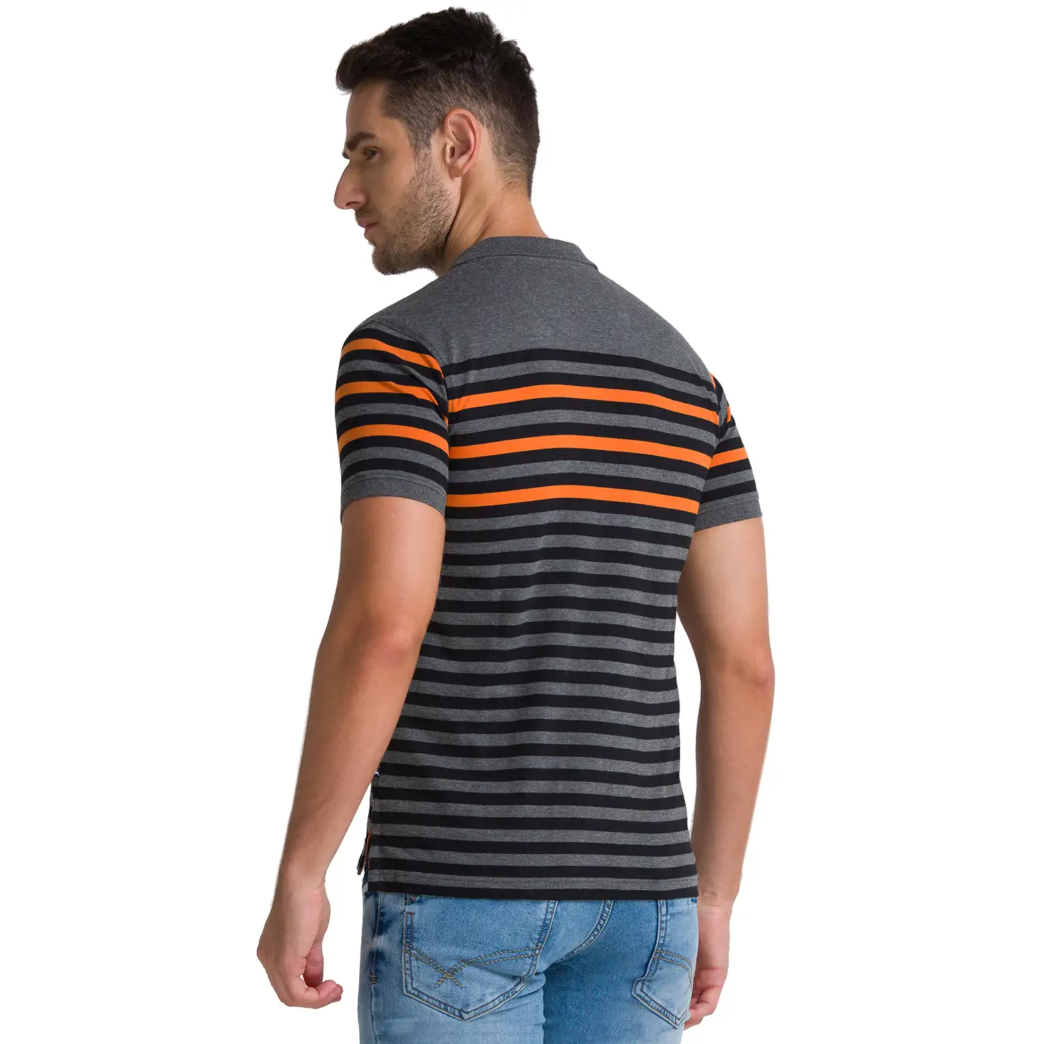 Men Grey Regular Fit Yarn Dyed Cotton Round Neck Collar Polo T-Shirt - Image 4