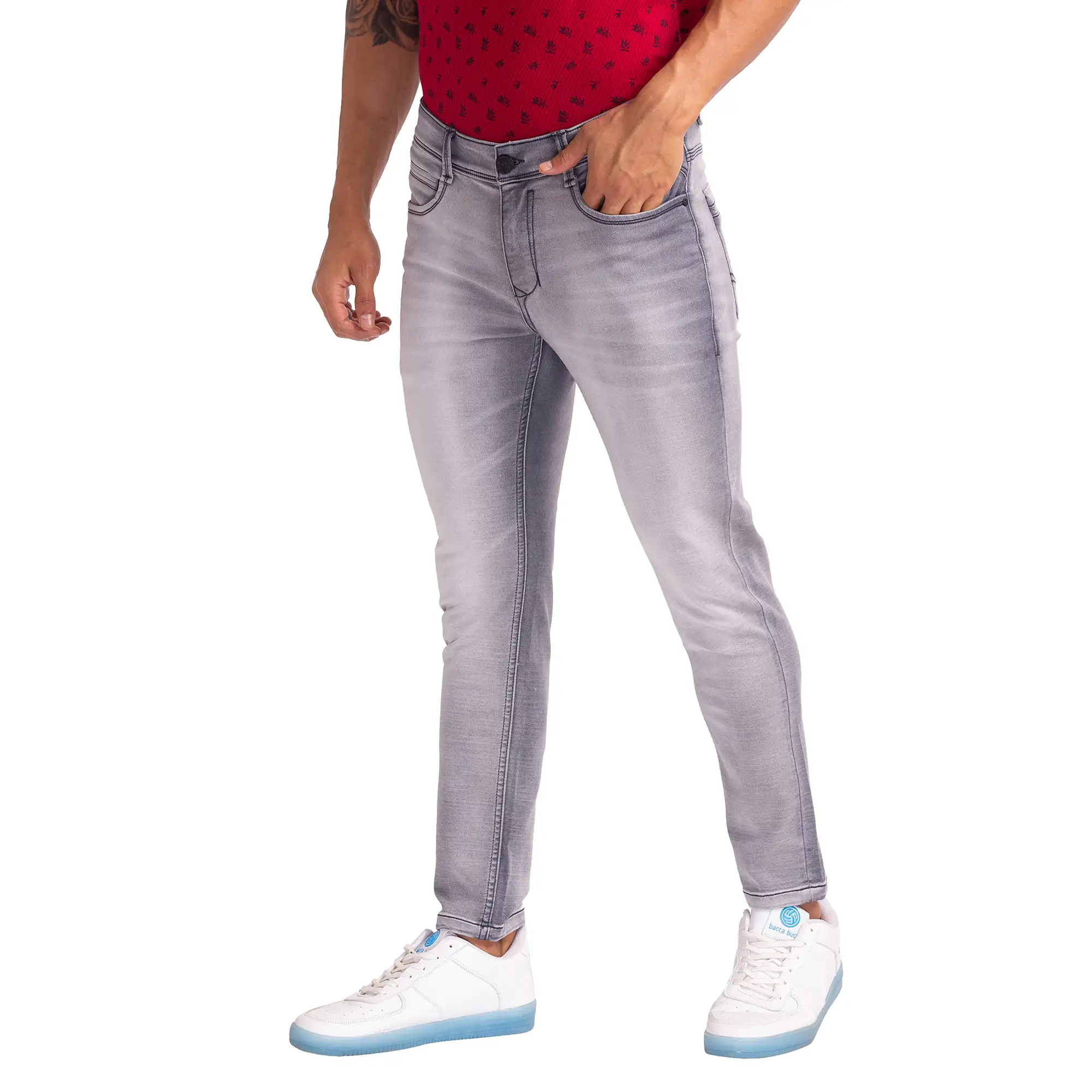 Men Grey Skinny Cropped Fit Dobby Cotton Blend Jeans - Image 3
