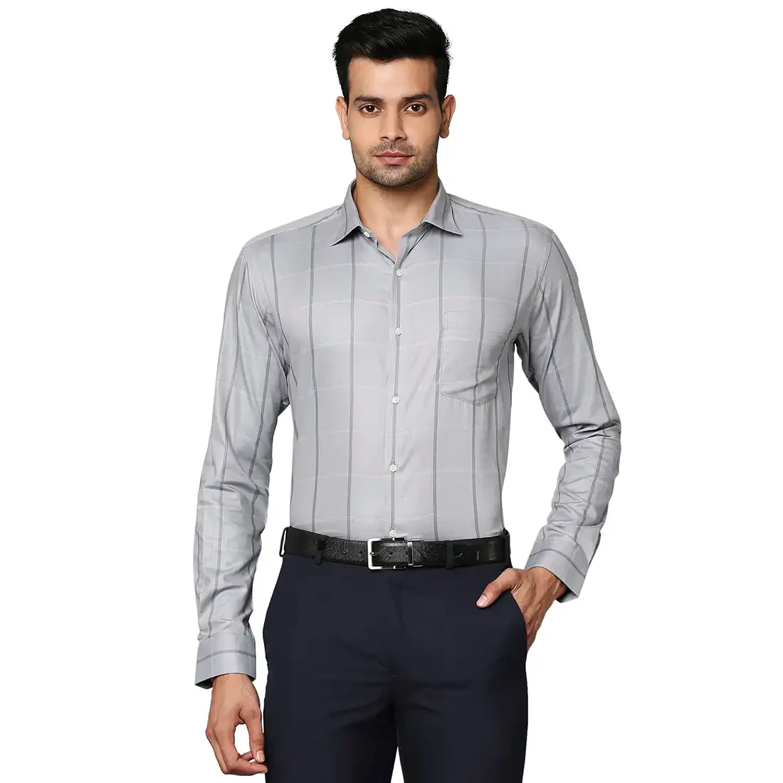 Men Grey Slim Fit Checks Cotton Blend Shirts