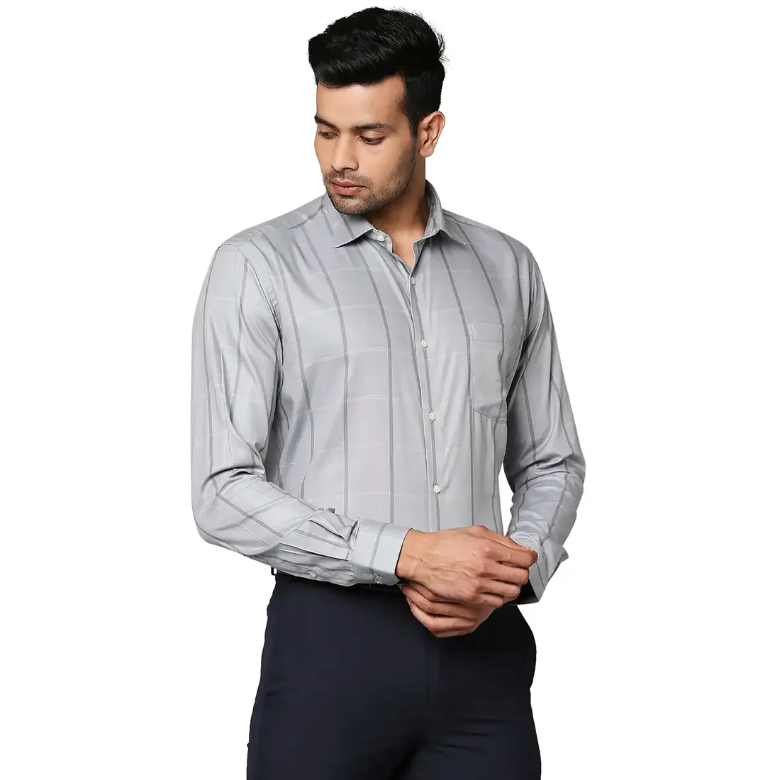 Men Grey Slim Fit Checks Cotton Blend Shirts - Image 2