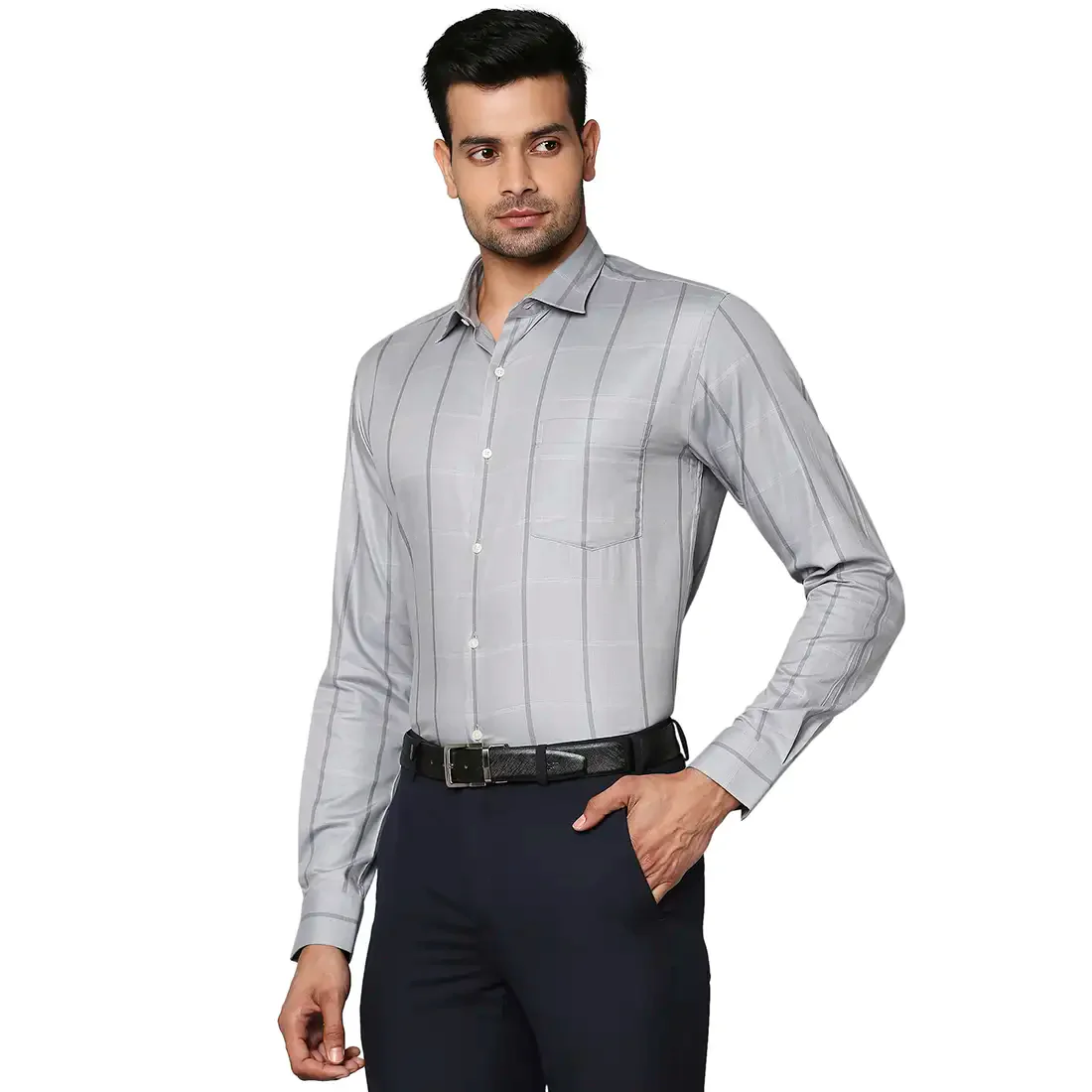 Men Grey Slim Fit Checks Cotton Blend Shirts - Image 3