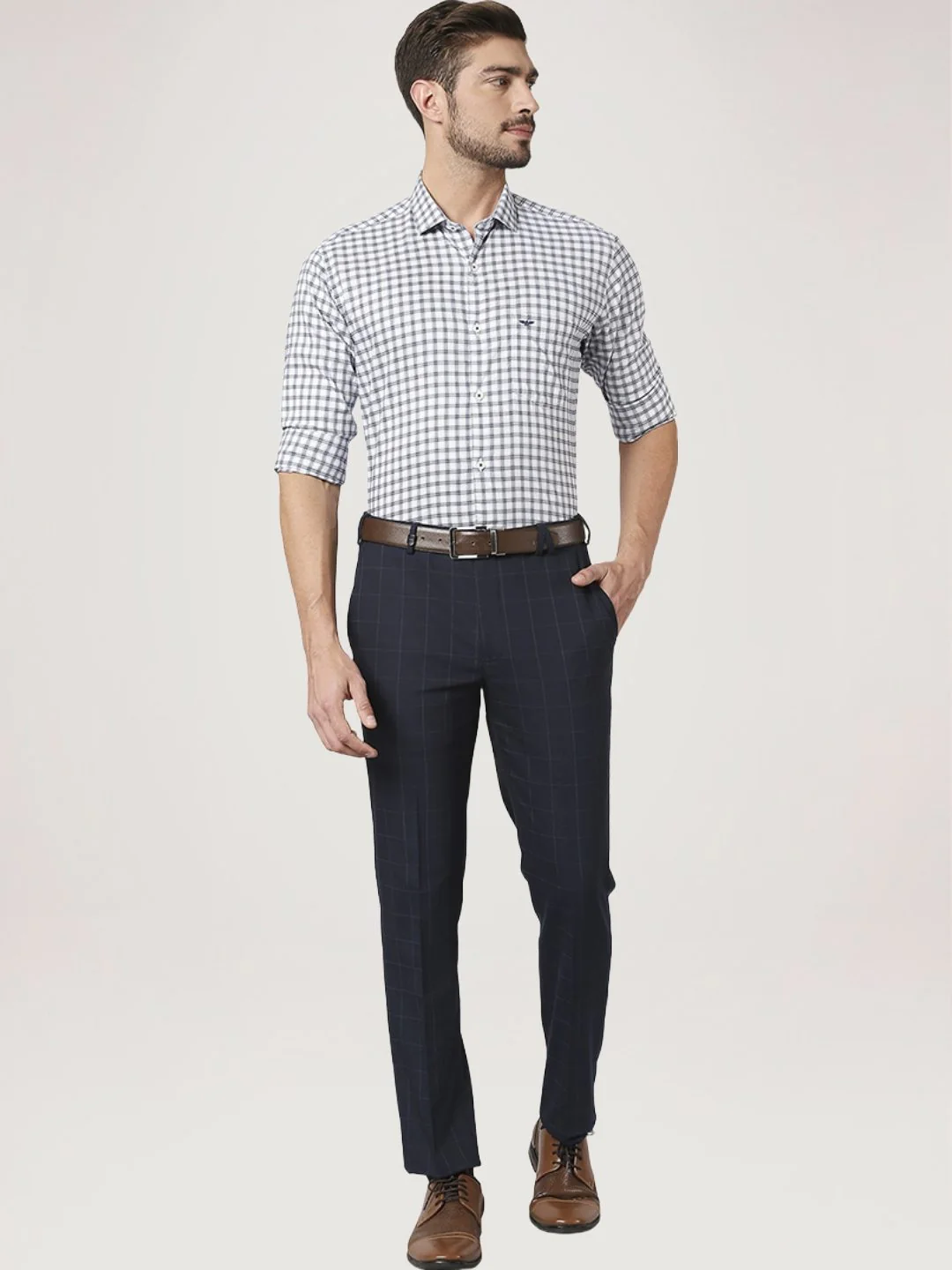 Men Grey Slim Fit Checks Cotton Cut Away Collar Shirts - Image 2