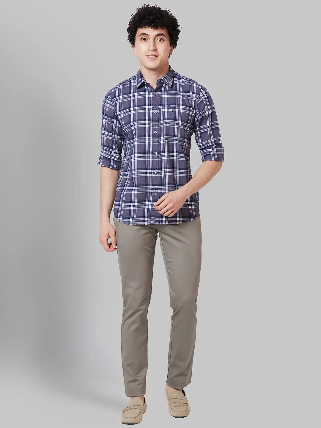 Men Grey Slim Fit Checks Cotton Full Sleeve Shirts - Image 5