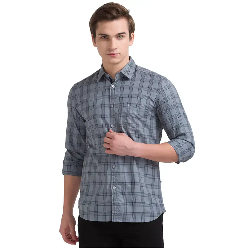 Men Grey Slim Fit Checks Cotton Full Sleeve Shirts