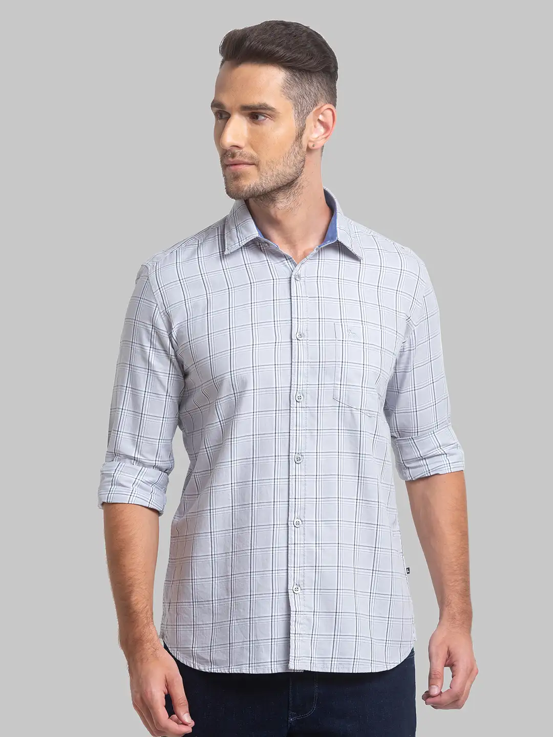 Men Grey Slim Fit Checks Cotton Full Sleeve Shirts