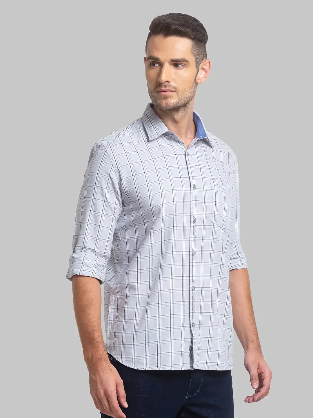 Men Grey Slim Fit Checks Cotton Full Sleeve Shirts - Image 2