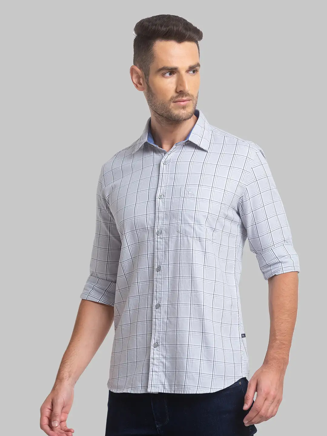 Men Grey Slim Fit Checks Cotton Full Sleeve Shirts - Image 3