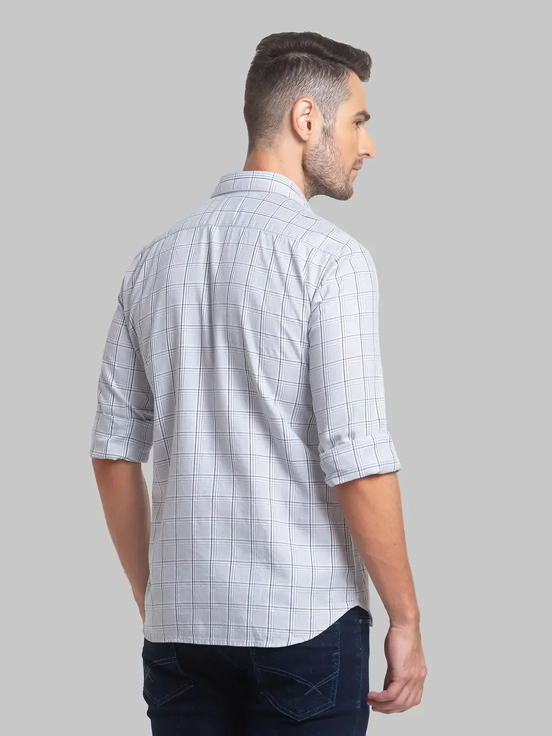 Men Grey Slim Fit Checks Cotton Full Sleeve Shirts - Image 4