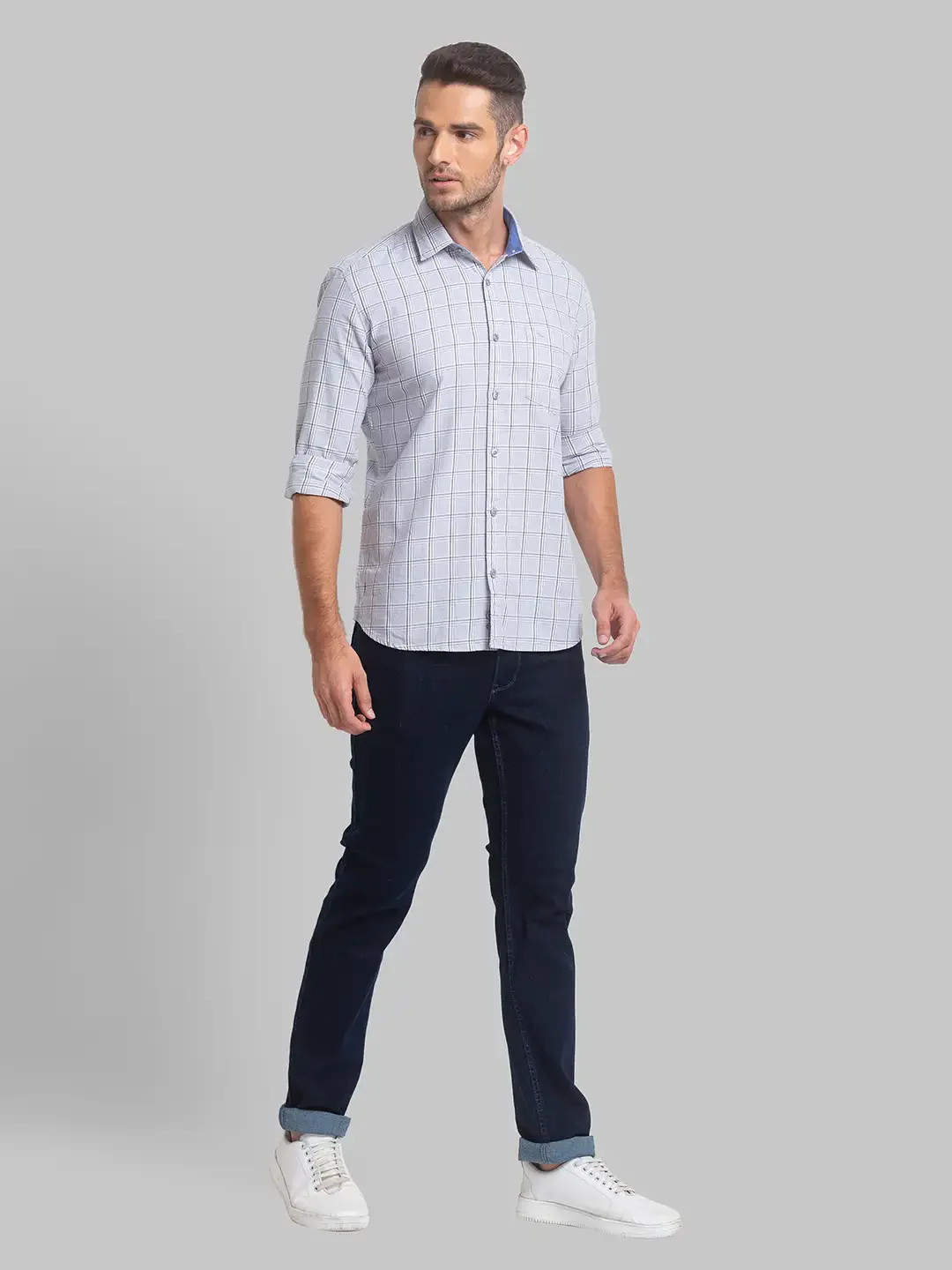 Men Grey Slim Fit Checks Cotton Full Sleeve Shirts - Image 5