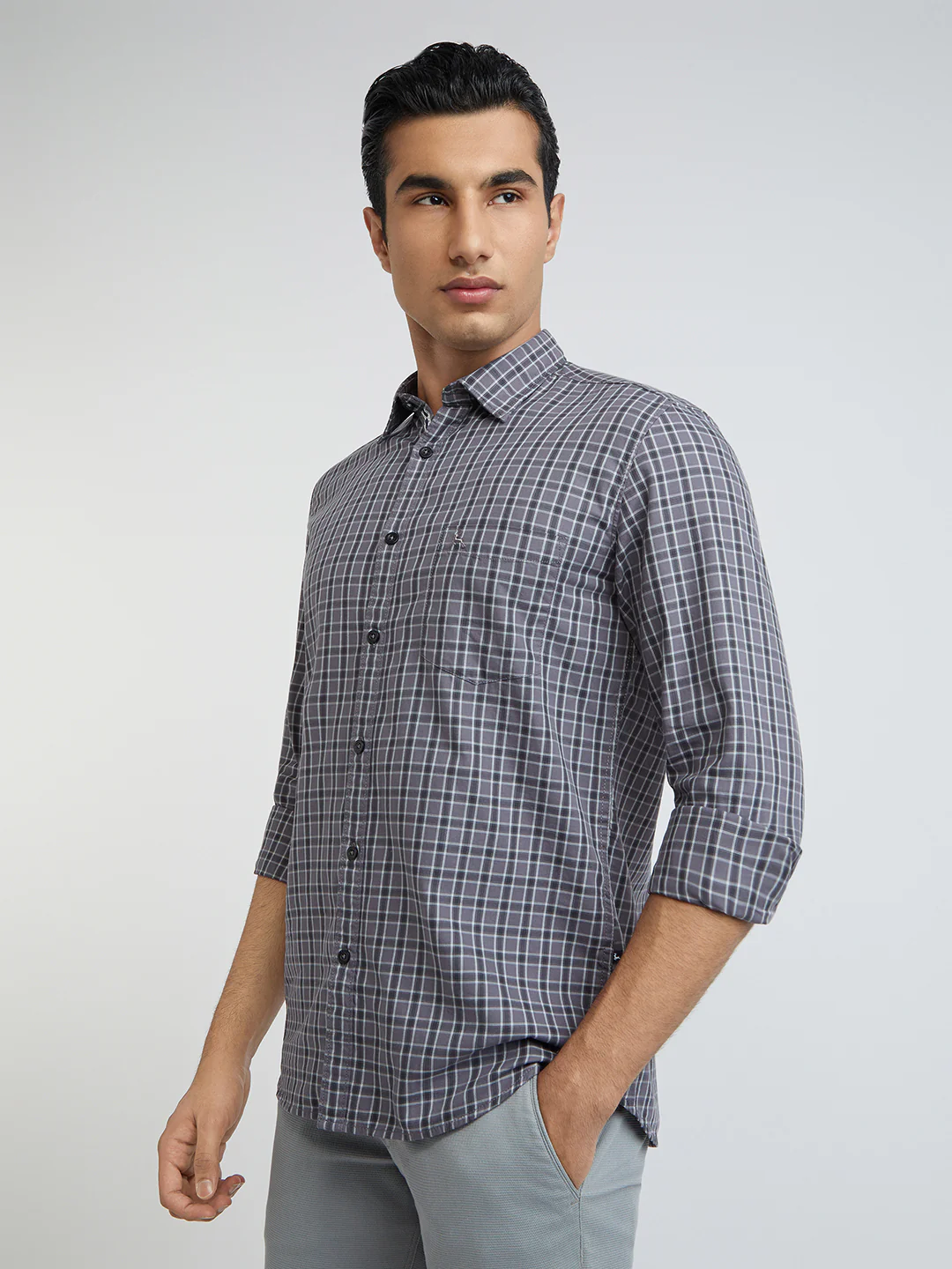 Men Grey Slim Fit Checks Cotton Full Sleeve Shirts - Image 3