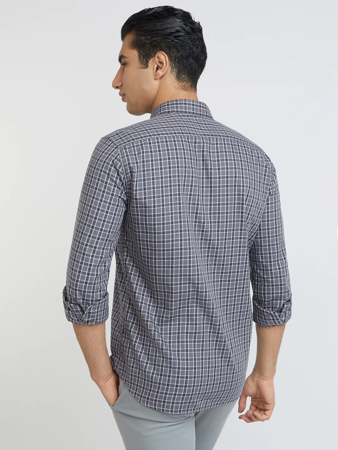 Men Grey Slim Fit Checks Cotton Full Sleeve Shirts - Image 4