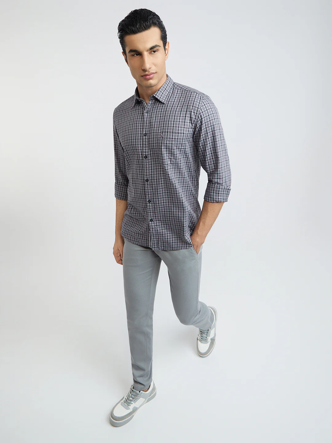 Men Grey Slim Fit Checks Cotton Full Sleeve Shirts - Image 5