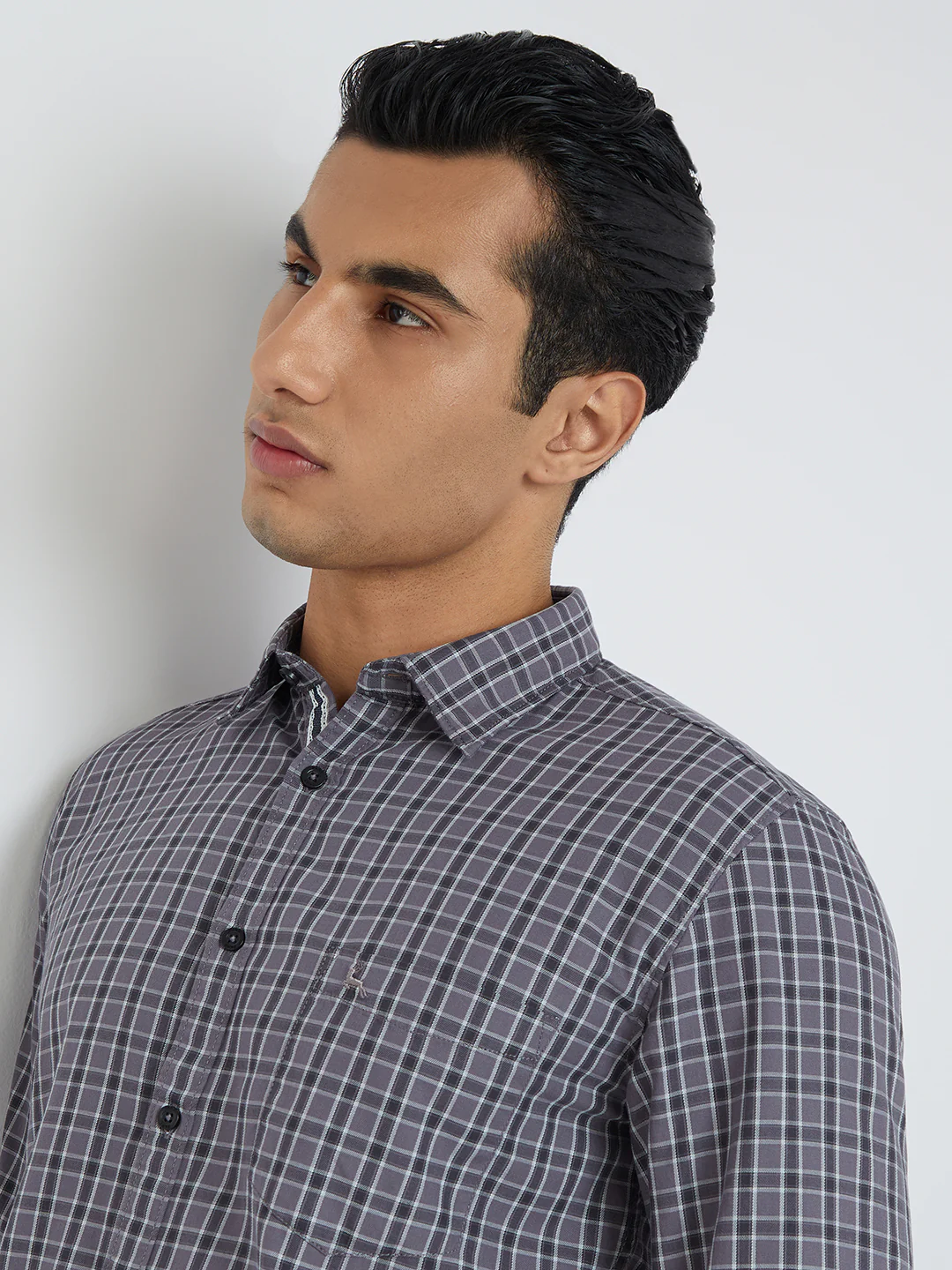 Men Grey Slim Fit Checks Cotton Full Sleeve Shirts - Image 6