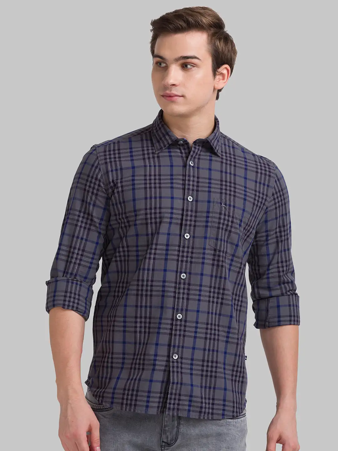 Men Grey Slim Fit Checks Cotton Full Sleeve Shirts