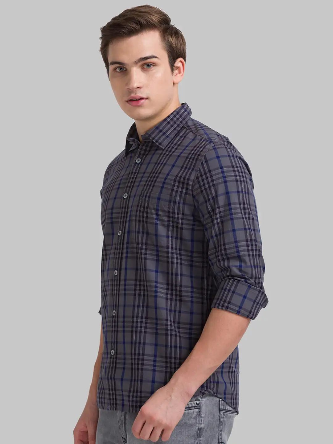 Men Grey Slim Fit Checks Cotton Full Sleeve Shirts - Image 2
