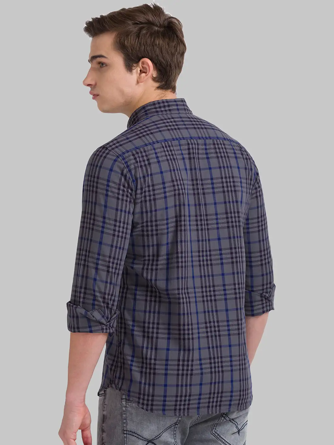 Men Grey Slim Fit Checks Cotton Full Sleeve Shirts - Image 3
