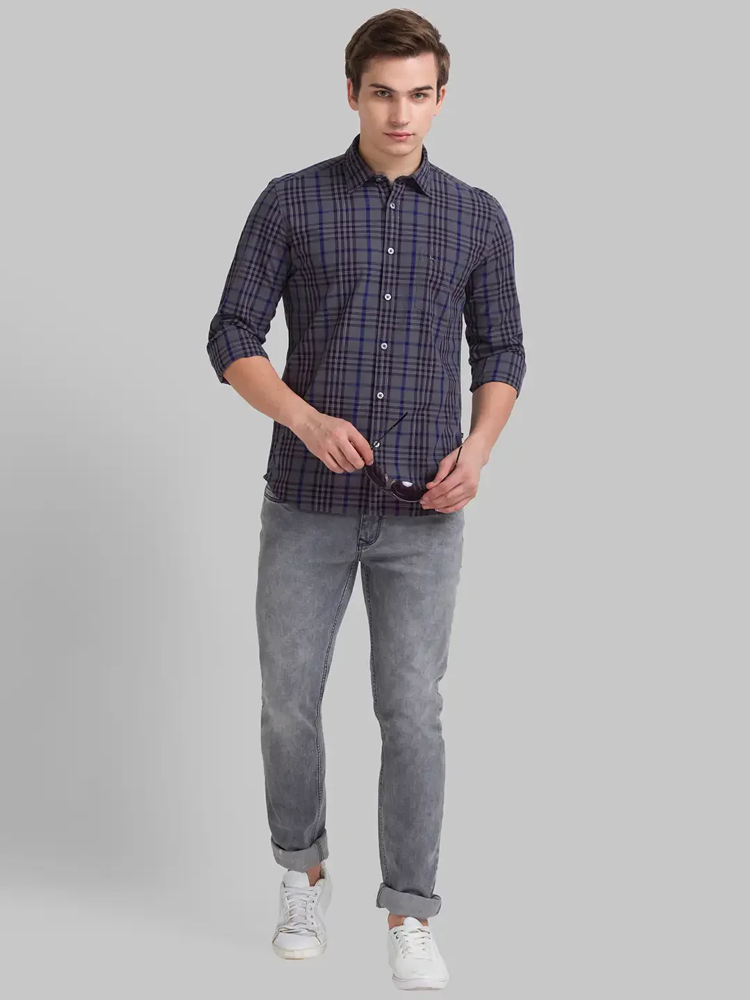 Men Grey Slim Fit Checks Cotton Full Sleeve Shirts - Image 4