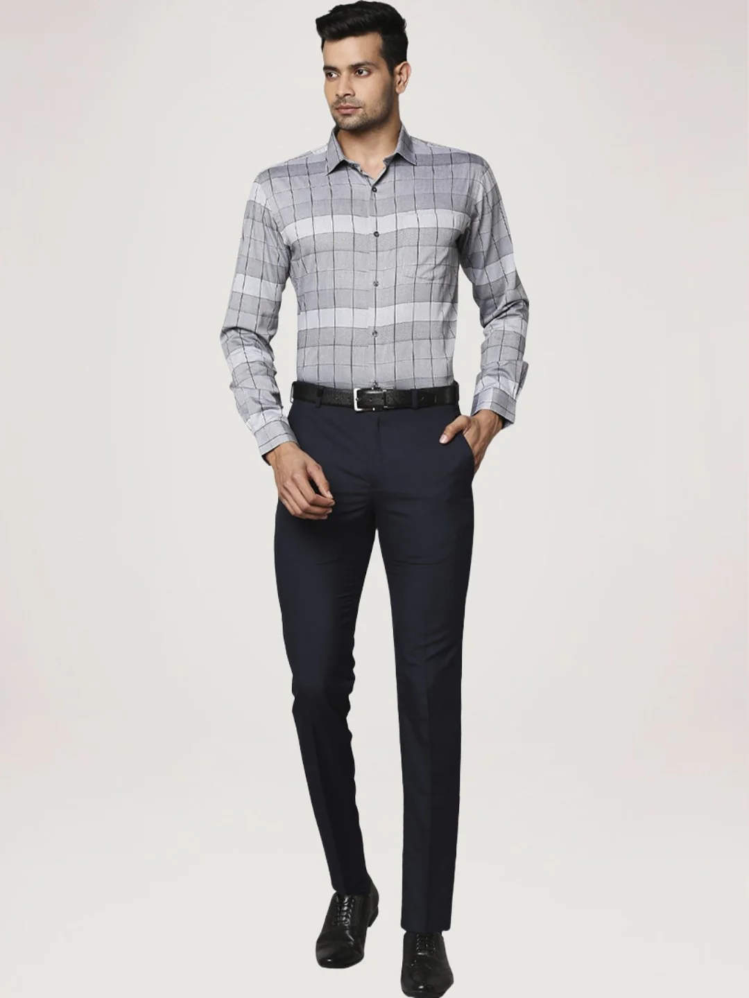 Men Grey Slim Fit Checks Cotton Shirts - Image 2