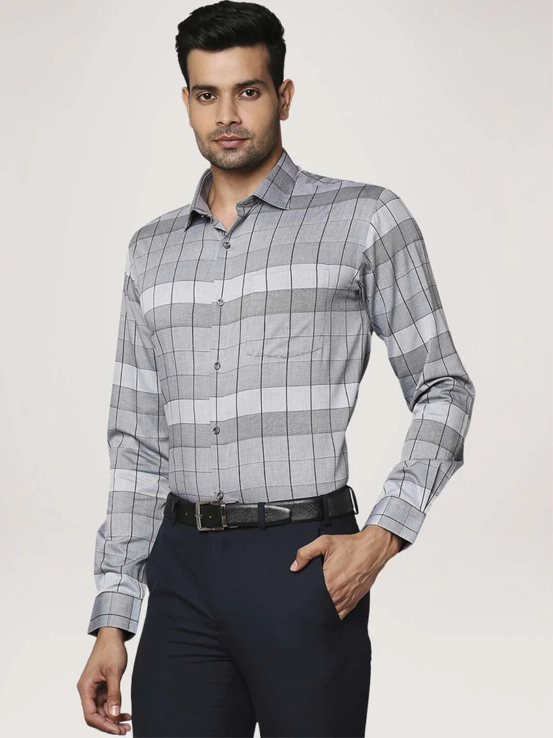 Men Grey Slim Fit Checks Cotton Shirts - Image 4