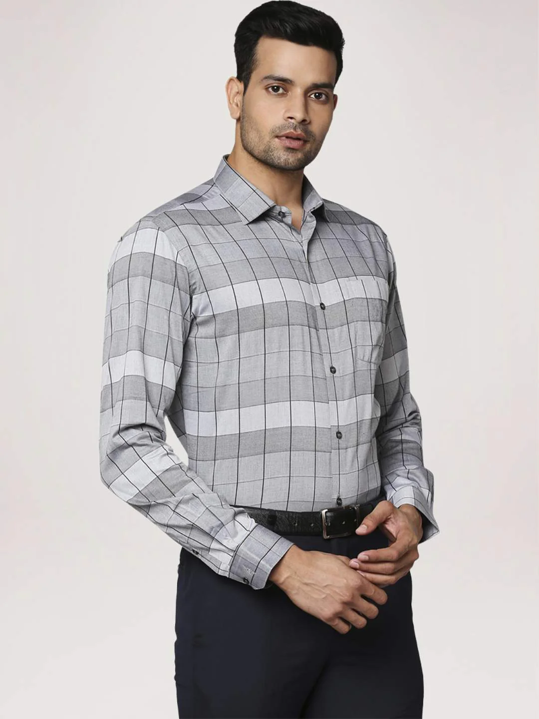Men Grey Slim Fit Checks Cotton Shirts - Image 6