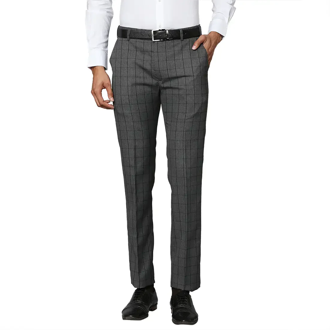 Men Grey Slim Fit Checks Polyester Blend Trouser