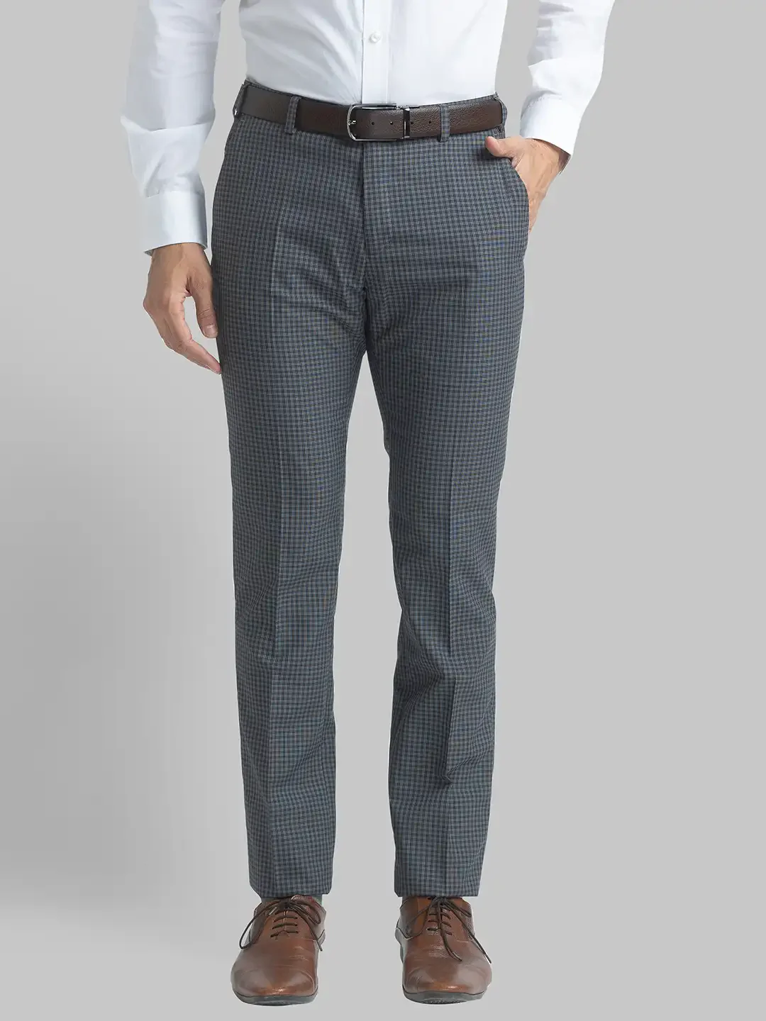 Men Grey Slim Fit Checks Polyester Blend Trouser