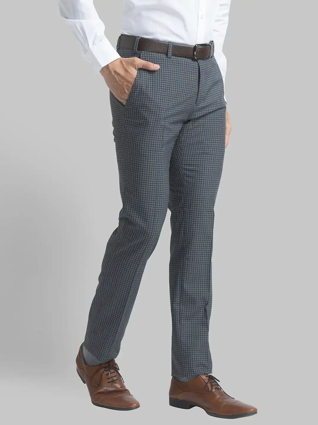Men Grey Slim Fit Checks Polyester Blend Trouser - Image 2