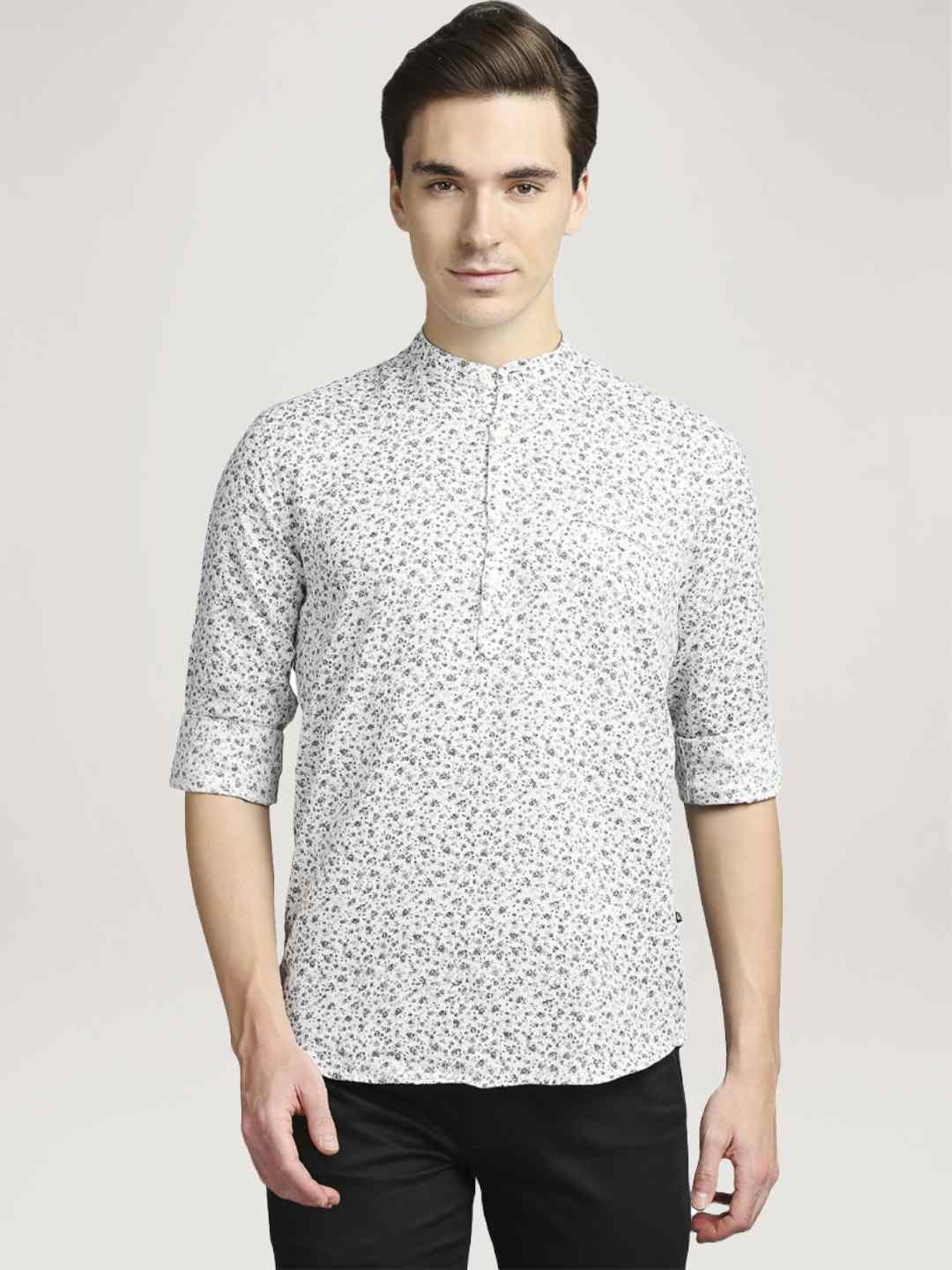 Men Grey Slim Fit Print Cotton Blend Full Sleeve Shirts - Image 6