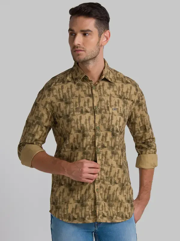 Men Grey Slim Fit Print Cotton Full Sleeve Shirts