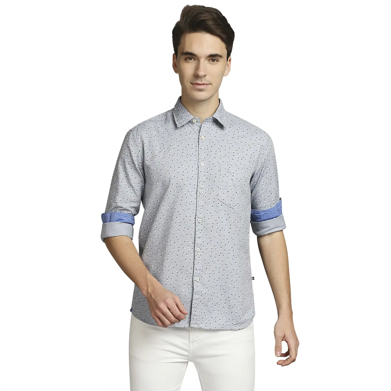 Men Grey Slim Fit Print Cotton Full Sleeve Shirts