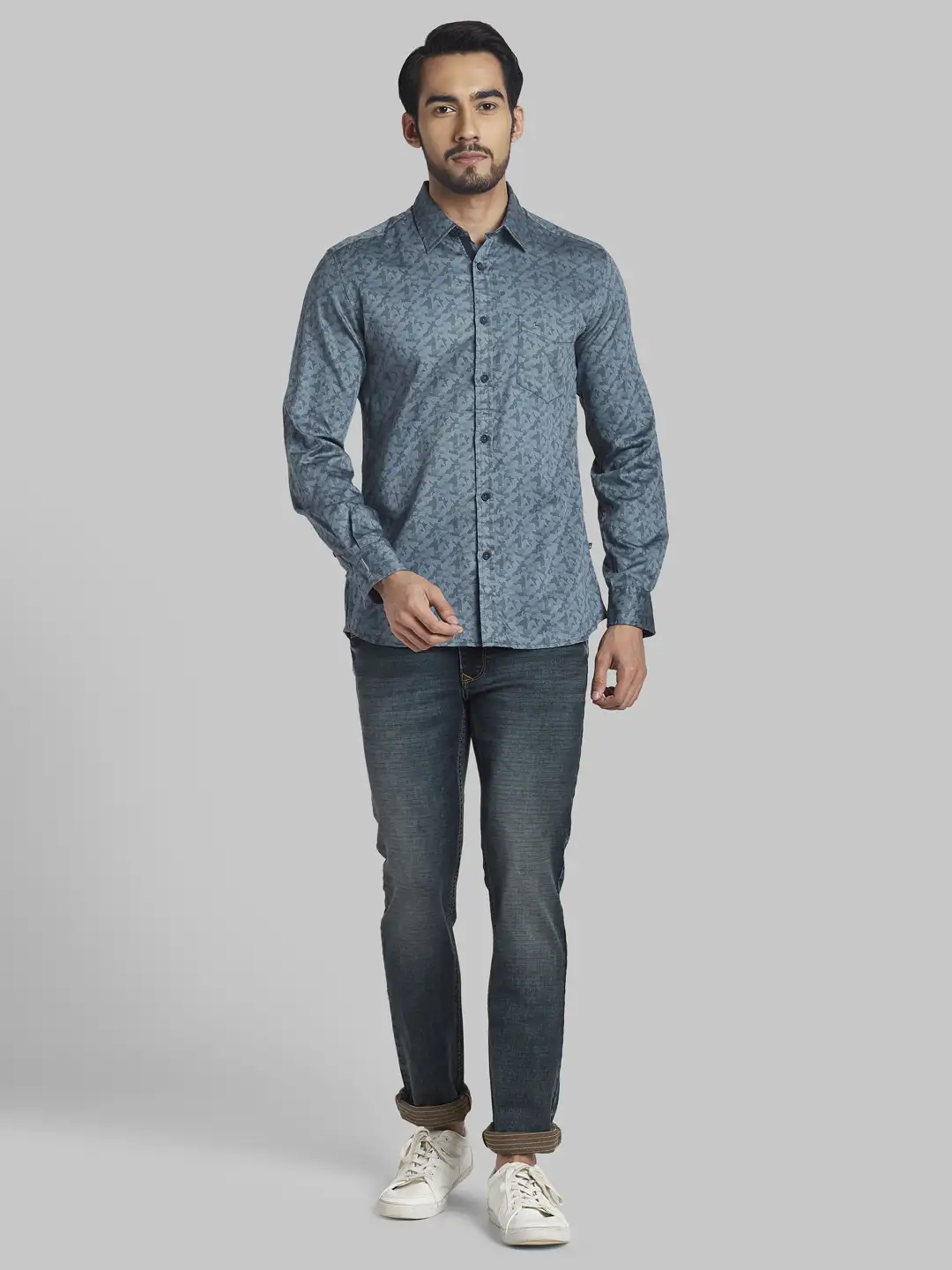 Men Grey Slim Fit Print Cotton Full Sleeve Shirts - Image 5