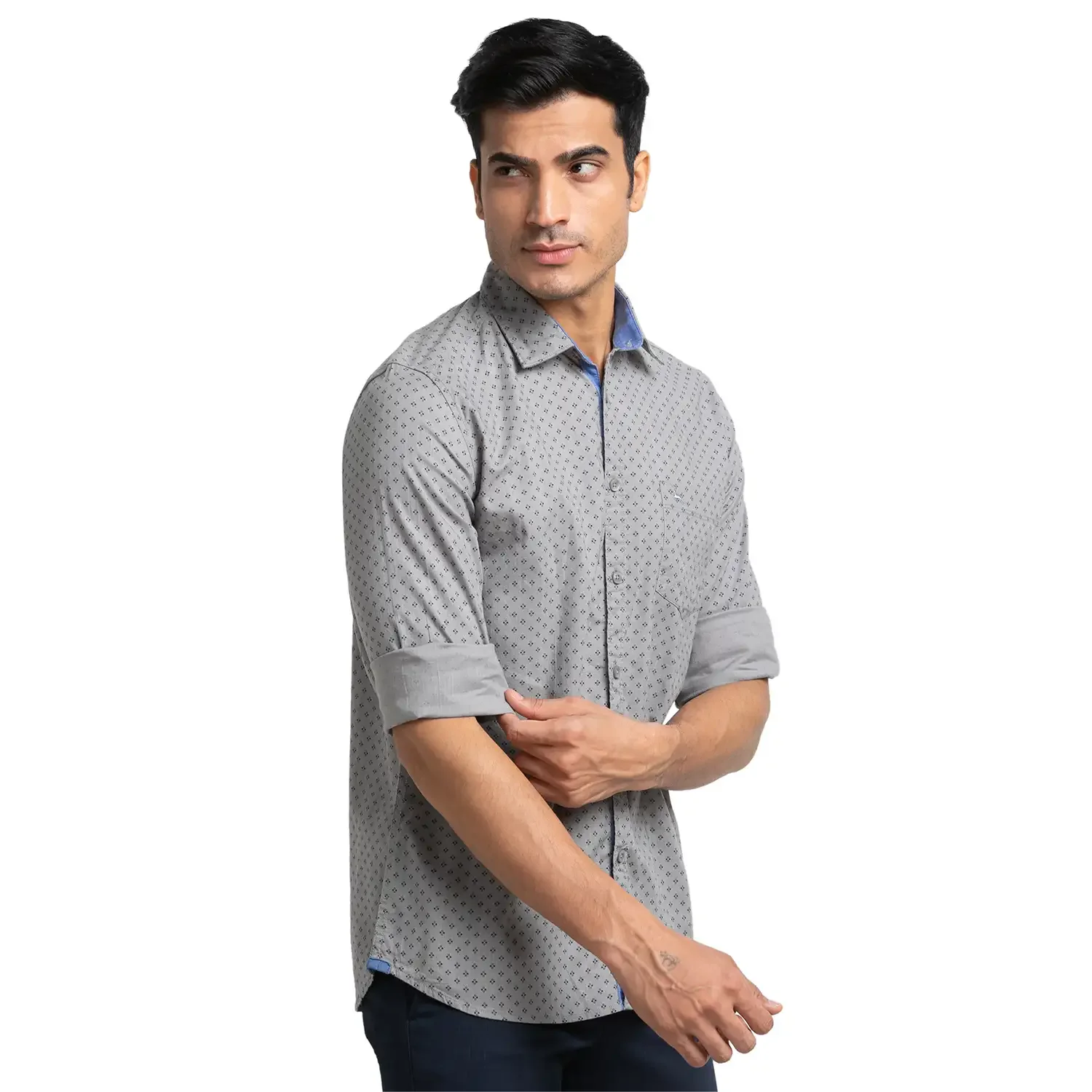 Men Grey Slim Fit Print Cotton Full Sleeve Shirts - Image 2