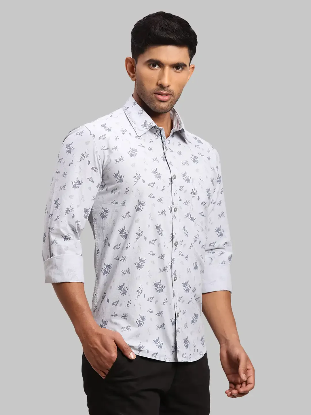 Men Grey Slim Fit Print Cotton Full Sleeve Shirts - Image 2