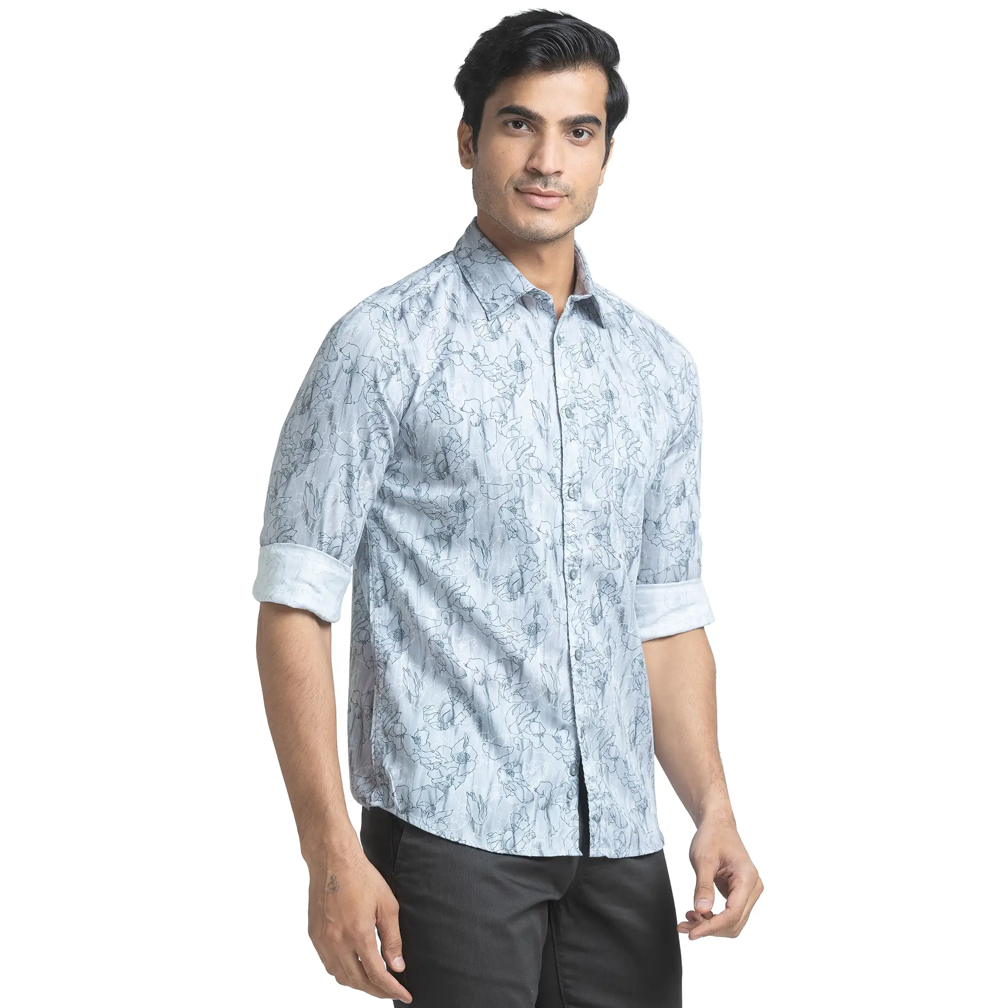 Men Grey Slim Fit Print Cotton Full Sleeve Shirts