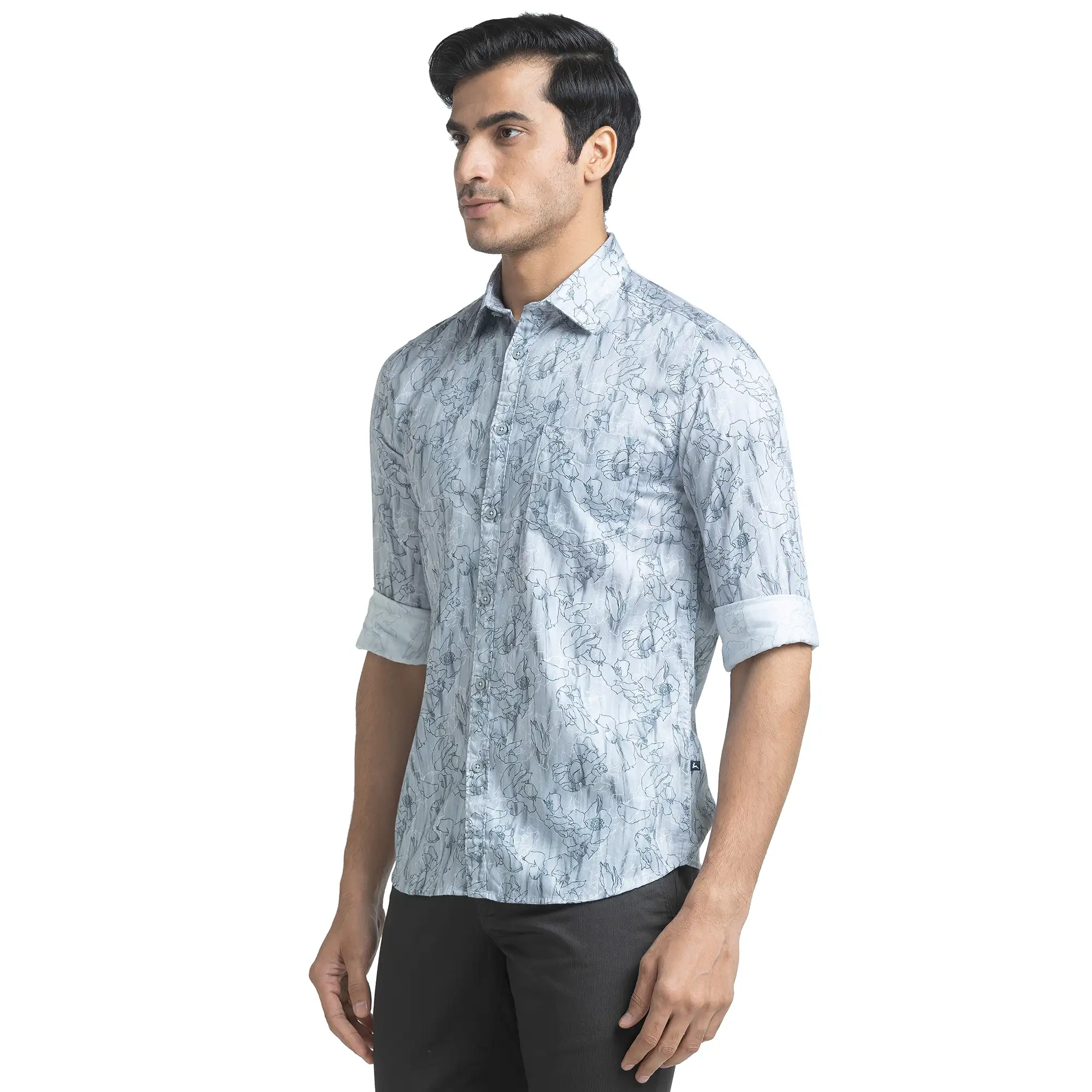 Men Grey Slim Fit Print Cotton Full Sleeve Shirts - Image 2